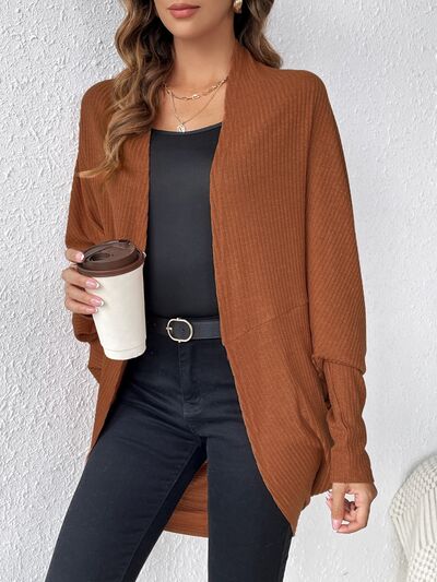 Cocoon Ribbed Open Front Lantern Sleeve Cardigan