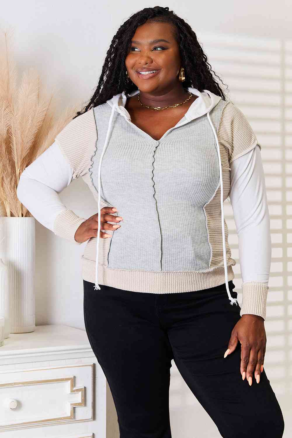 Cleo Color Block Exposed Seam Drawstring Hoodie