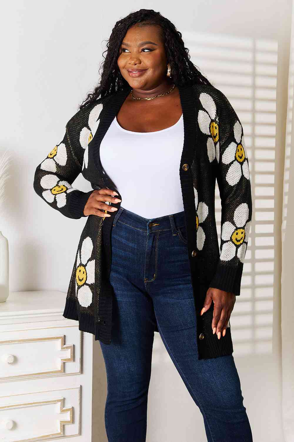 Happy Floral Button Down Longline Cardigan