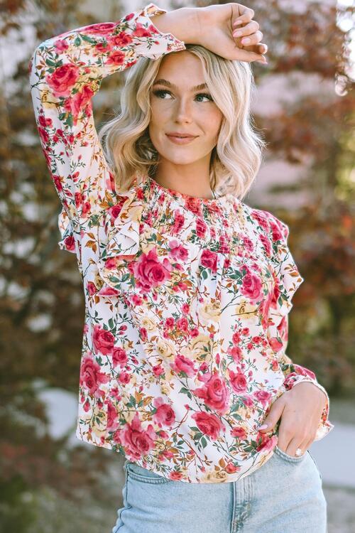 Juliette Floral Round Neck Smocked Blouse