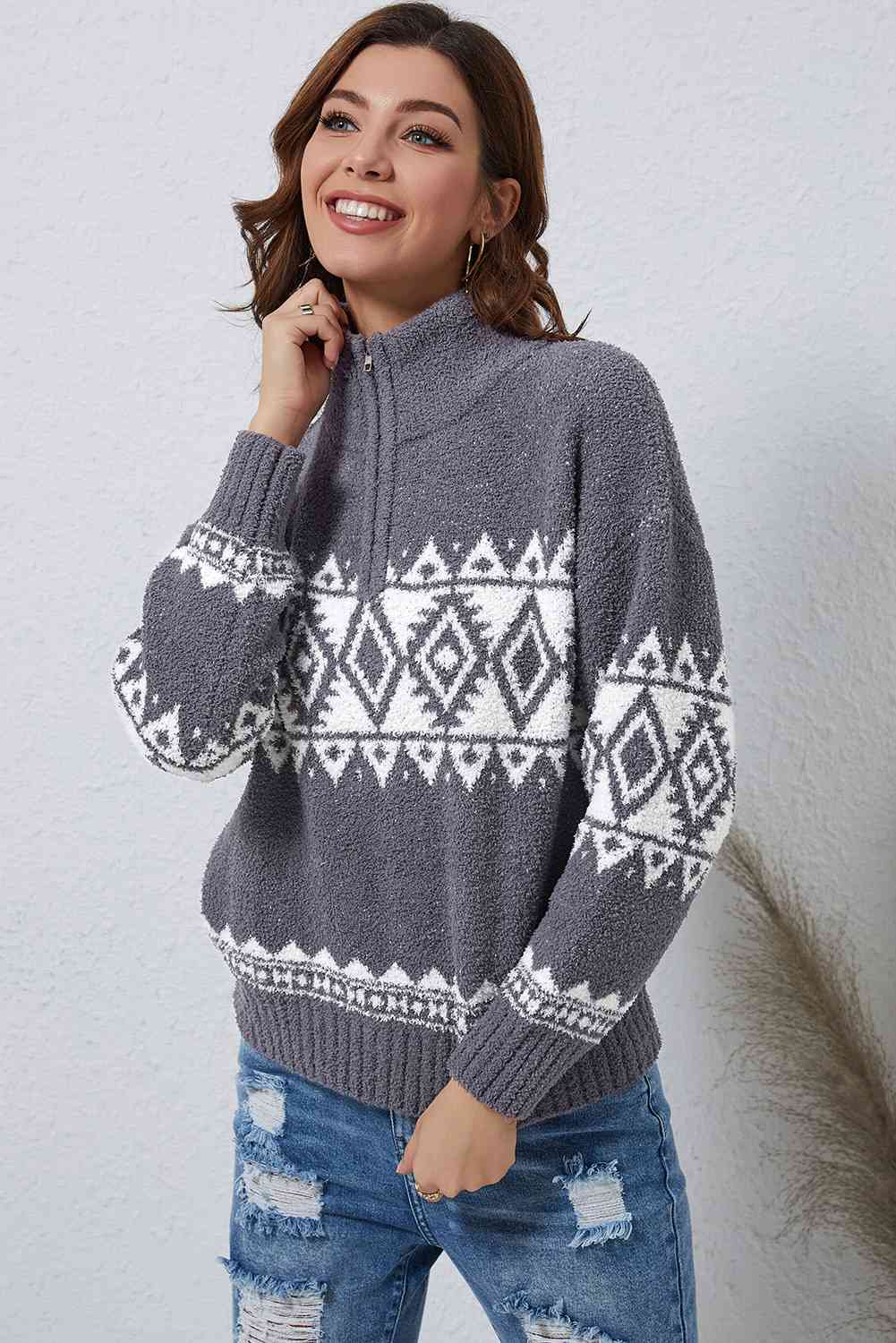 Felicity Zip-Up Geometric Pullover