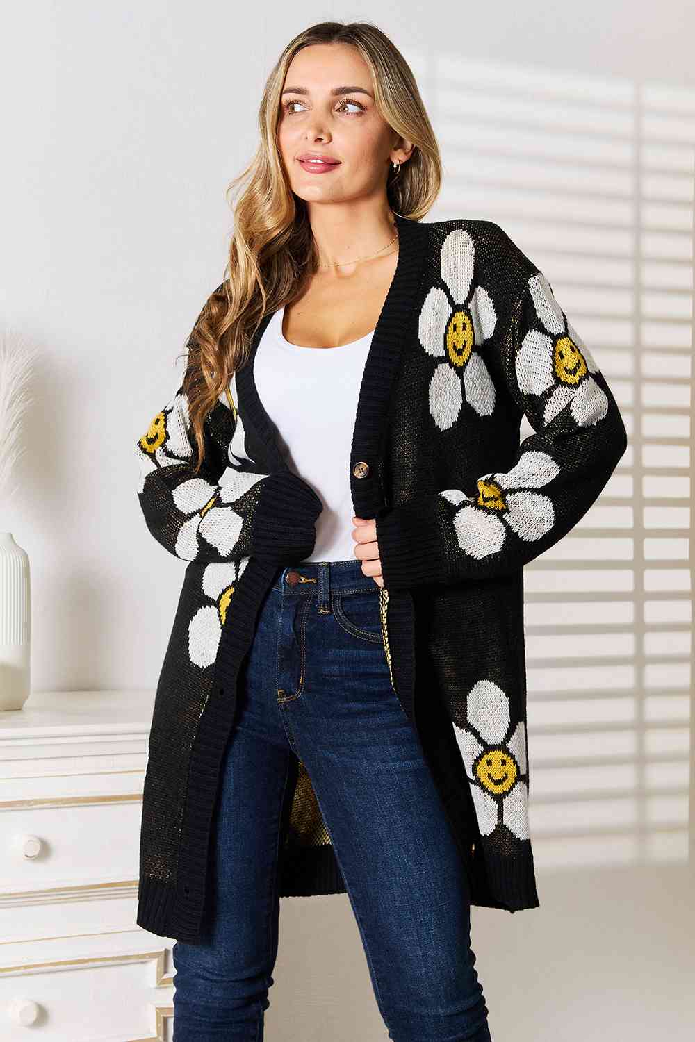 Happy Floral Button Down Longline Cardigan