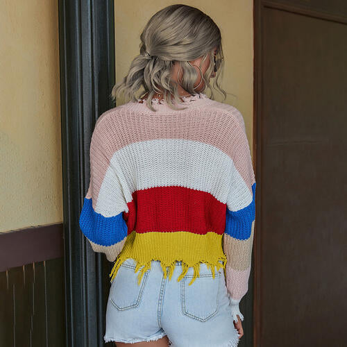 Life In Color Block Frayed Hem Sweater
