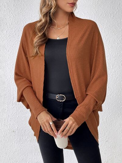 Cocoon Ribbed Open Front Lantern Sleeve Cardigan