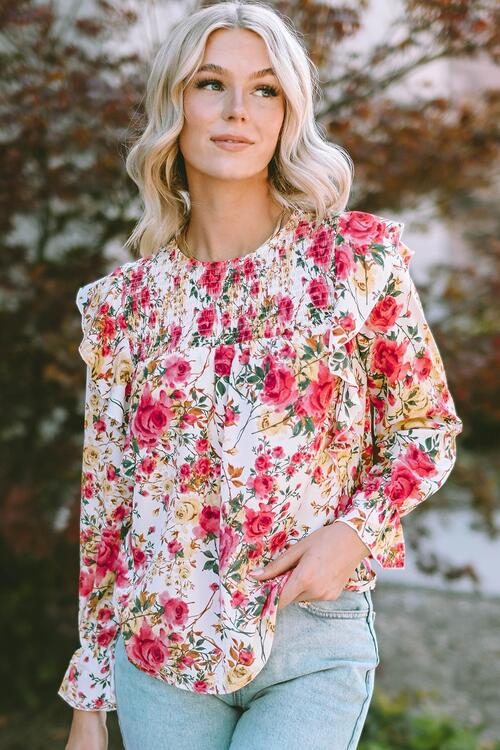 Juliette Floral Round Neck Smocked Blouse