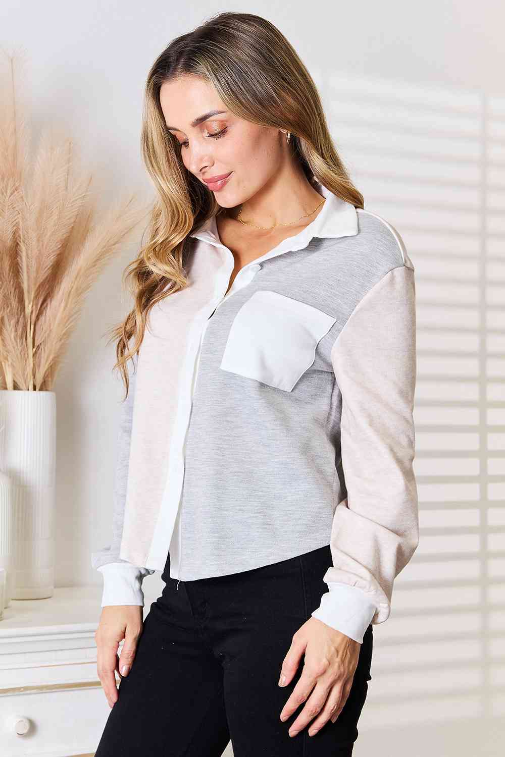 Della Color Block Curved Hem Shirt