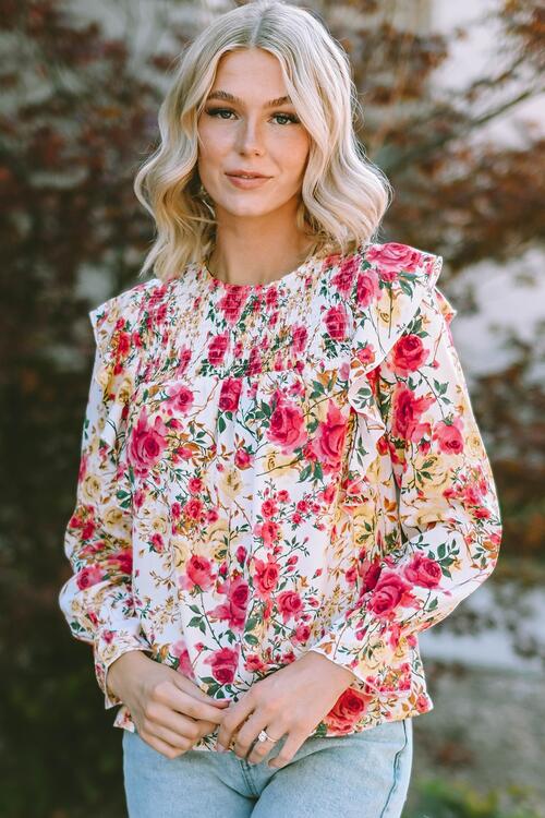 Juliette Floral Round Neck Smocked Blouse