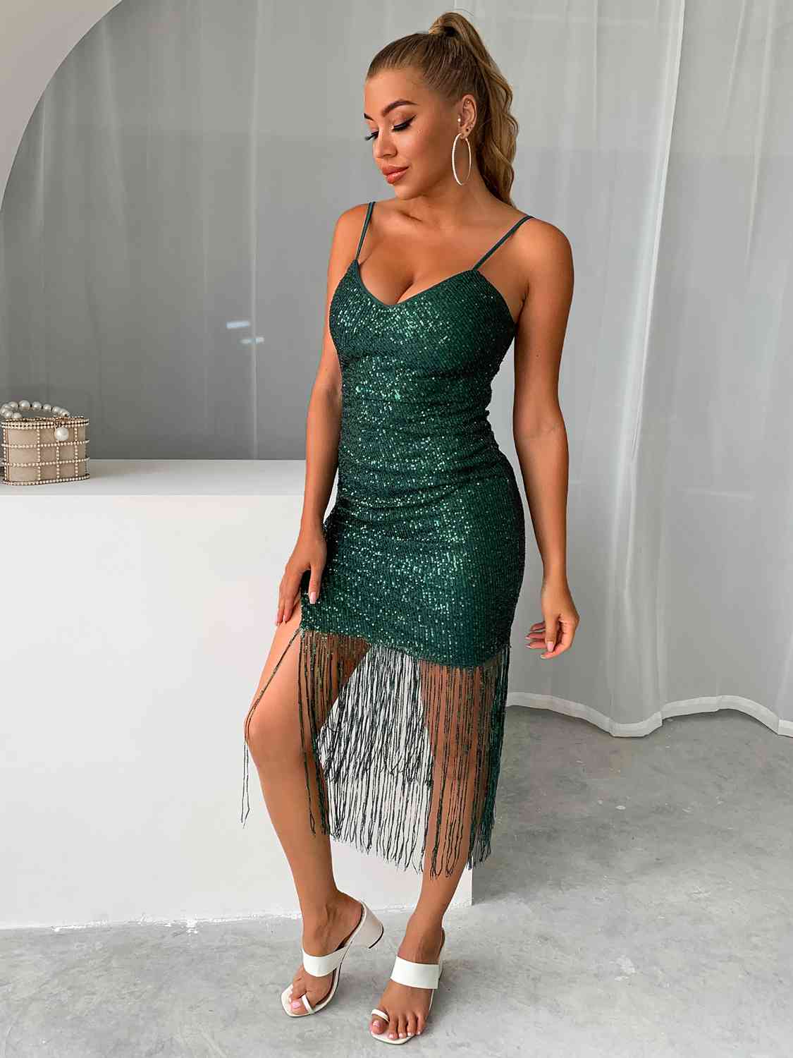 Darling Sequin Fringe Spaghetti Strap Dress