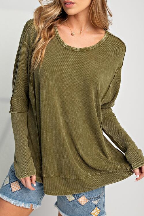 Stevie Exposed Seam Round Neck Long Sleeve Blouse