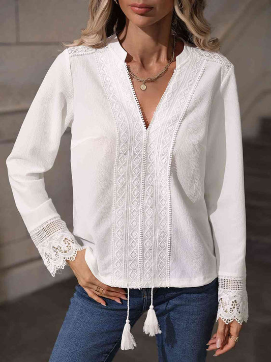 Victoria V-Neck Long Sleeve Lace Trim Blouse