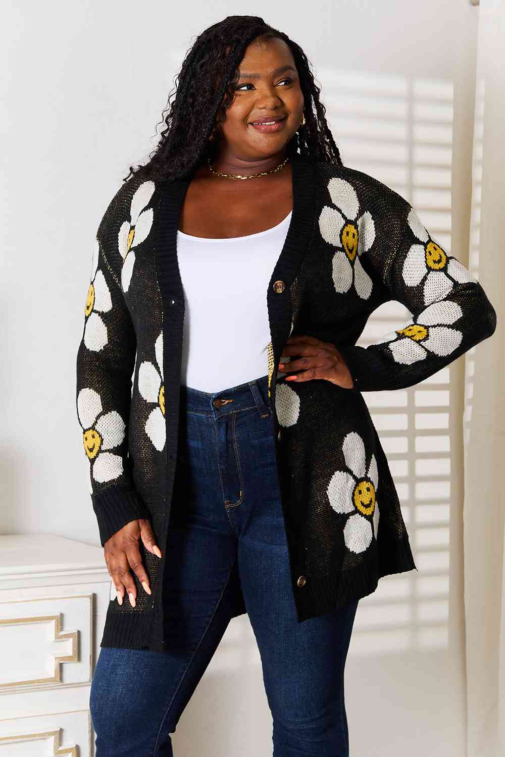 Happy Floral Button Down Longline Cardigan