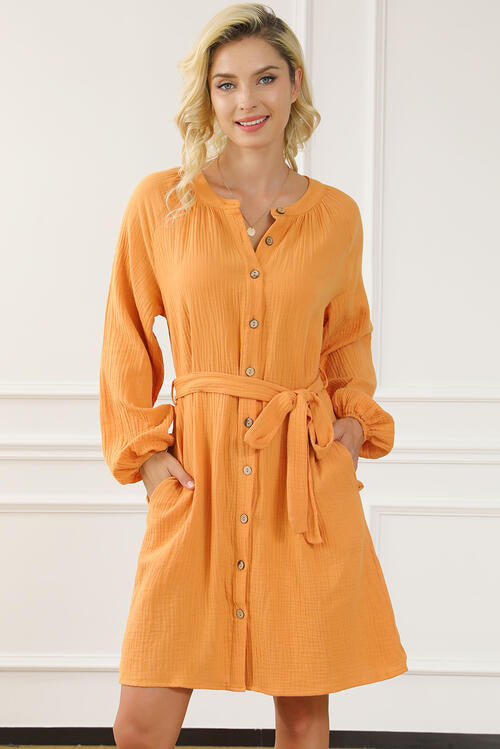 Lucia Tied Button Front Balloon Sleeve Dress