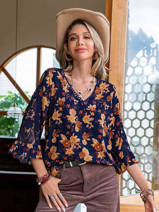 Elsie Floral V-Neck Crochet Blouse