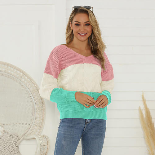 Evelyn Color Block V-Neck Sweater