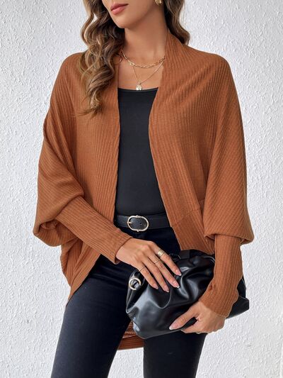 Cocoon Ribbed Open Front Lantern Sleeve Cardigan