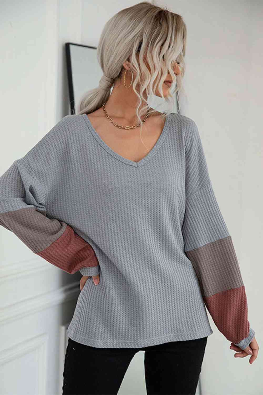 Elisabeth Color Block Sleeve Waffle Knit Top