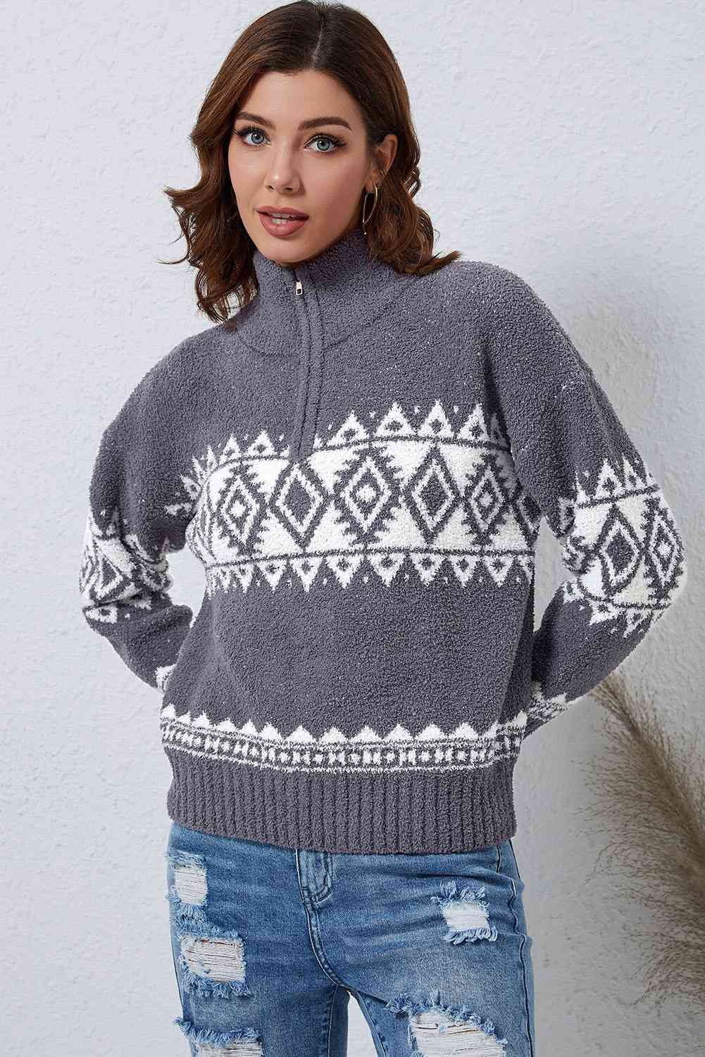 Felicity Zip-Up Geometric Pullover