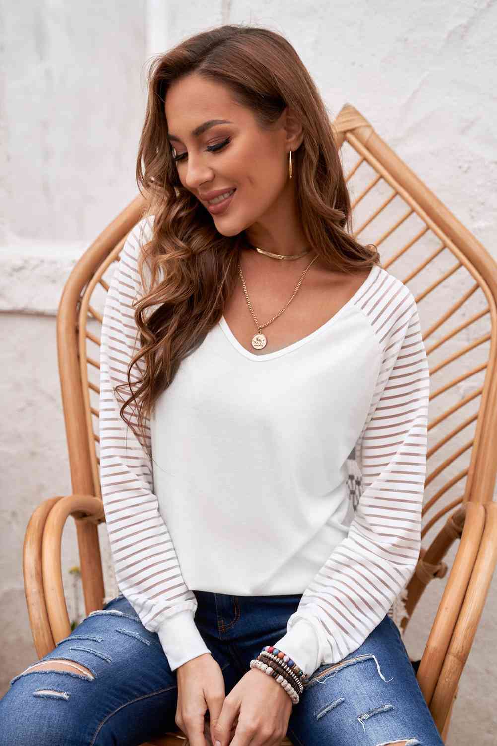 Jocelyn Striped Sheer V-Neck Top