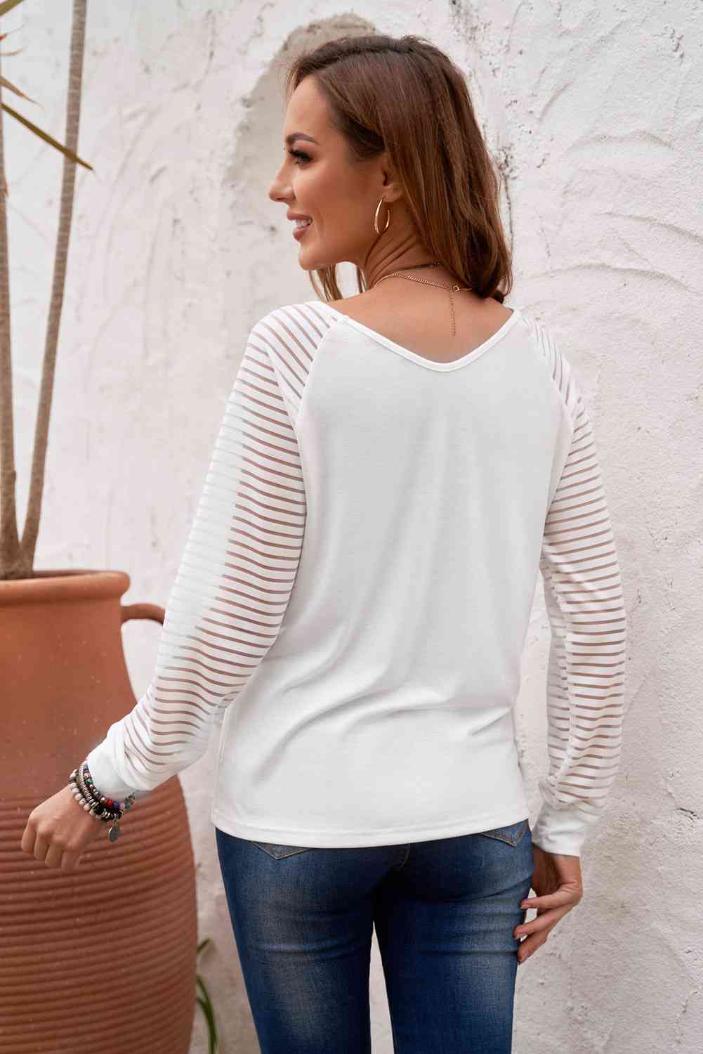 Jocelyn Striped Sheer V-Neck Top