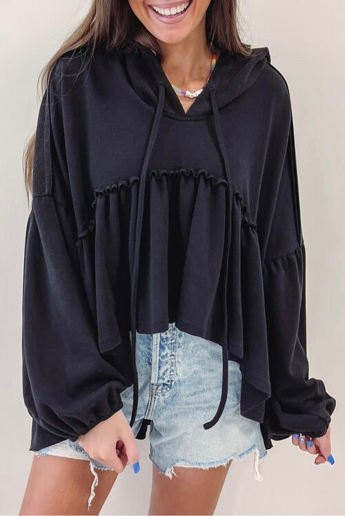 Gwen Drawstring High-Low Balloon Sleeve Hoodie