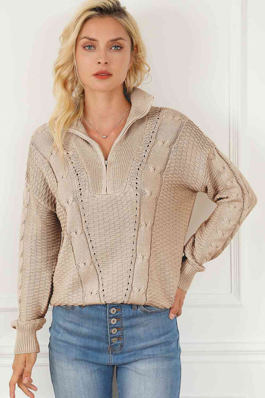 Della Cable-Knit Half Zip Long Sleeve Sweater