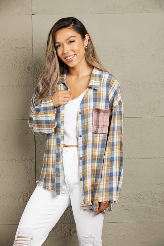 Outdoor Play Plaid Raw Hem Blouse