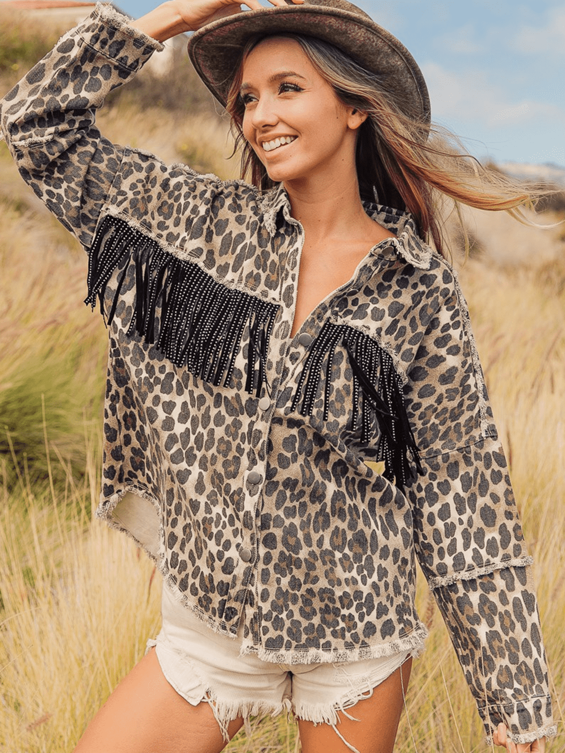 Wild One Leopard Fringe Detail Denim Jacket